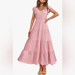 PRETTYGARDEN Pink Flowy Maxi Dress Cap Sleeve Smocked Beach Women Large Sundress